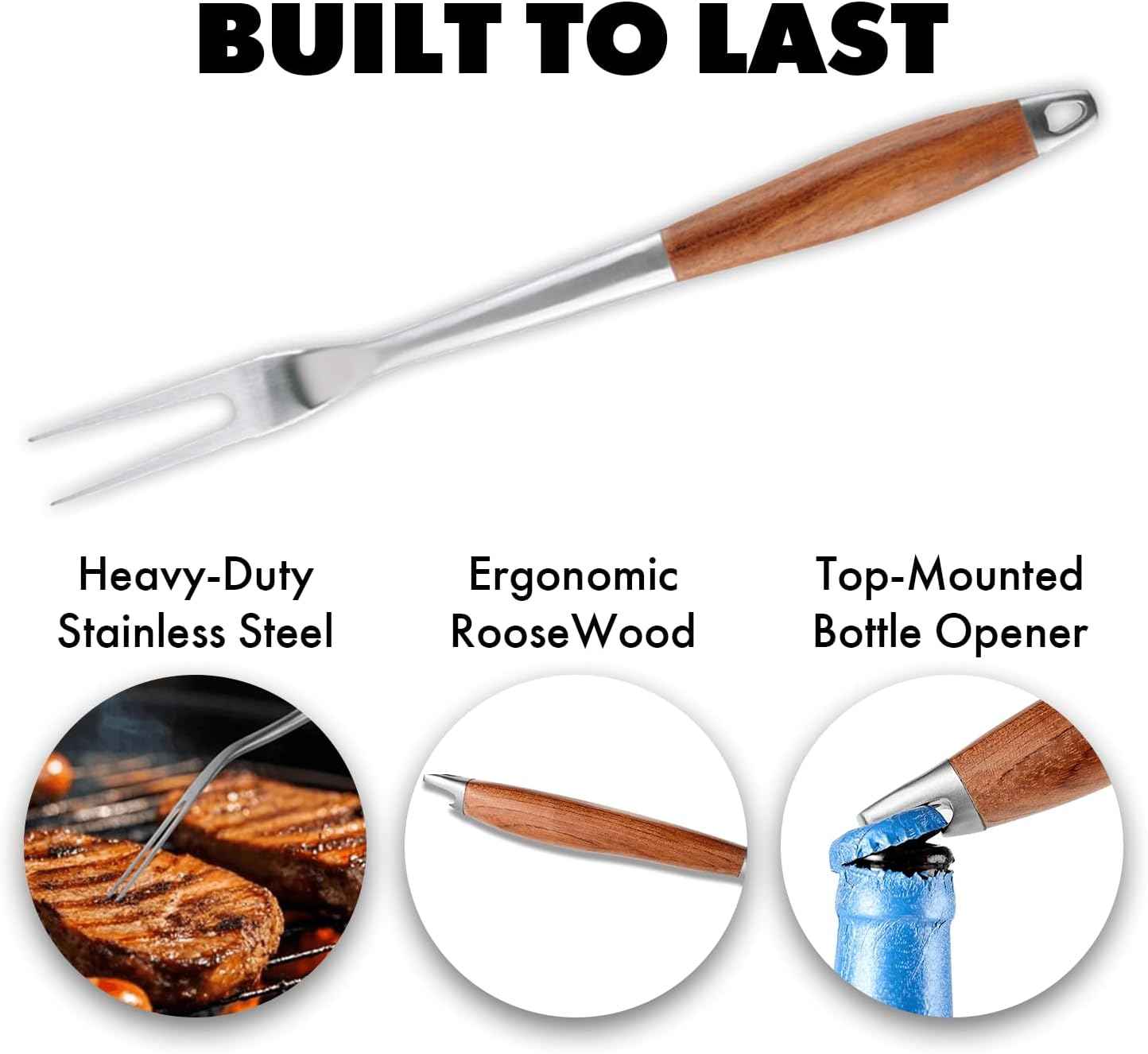 Grill Utensils Set with Rosewood Handle, BBQ Accessories Tools Set of 5 | Grilling Tongs, Spatula, Fork, Oil Brush, Cleaning Brush - Grilling Tools Set for Outdoor
