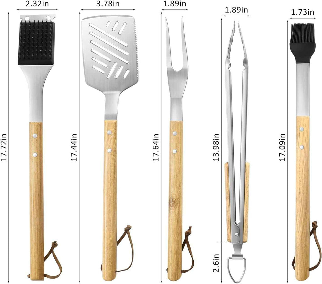 5 pcs Heavy-Duty Wooden BBQ Grilling Tools Set, Extra Thick Stainless Steel Multi-Functional Spatula, Fork, Tong, Oiling Brush & Cleaning Brush - an Excellent Barbecue Gift for Men