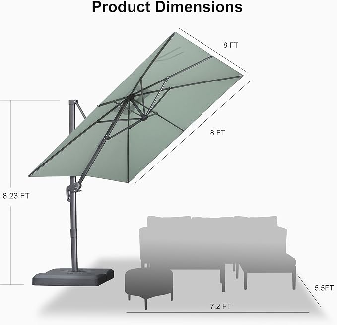 PURPLE LEAF Patio Umbrella 8' X 8' Rectangle Cantilever Umbrella Large Aluminum - Image 9