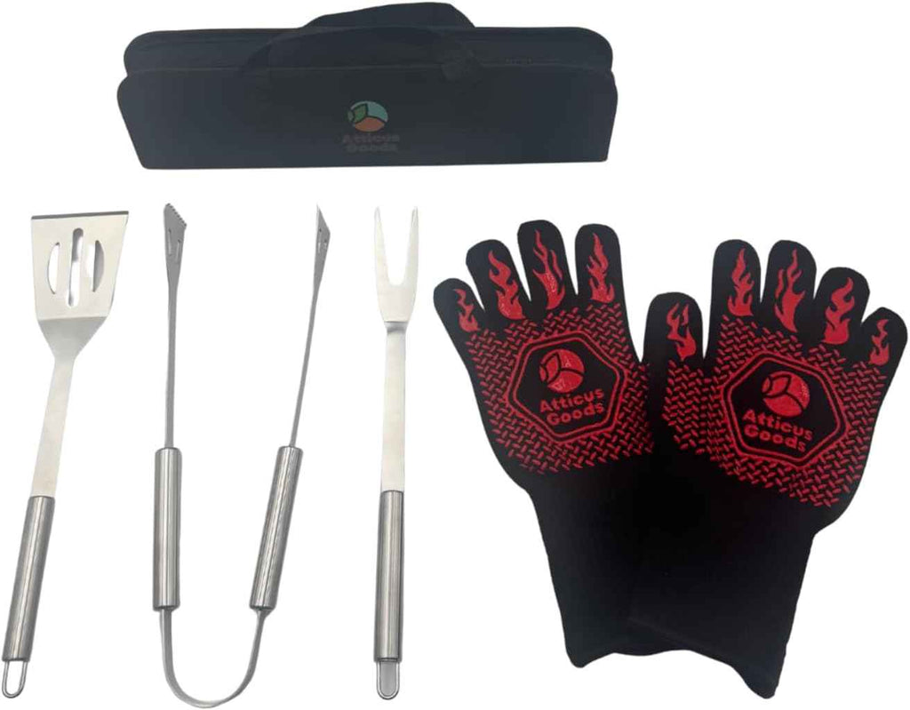 Stainless Steel Grill Set, 5 Piece Heavy Duty Barbecue Tools, BBQ Grilling Accessories Grill Kit with Tongs, Spatula, Fork, Gloves and Zippered Carry Bag, BBQ Grill Accessories