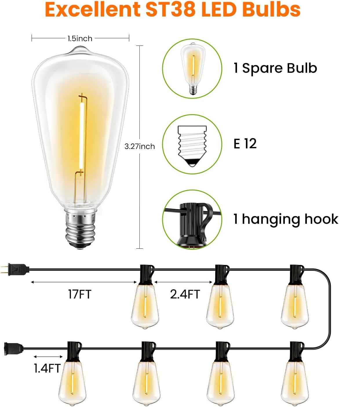 VOLIVO 100FT Outdoor String Lights for Patio, Waterproof Hanging Lights | 35+1 Shatterproof ST38 Edison Bulbs, Dimmable & Connectable Outside String Light for Backyard, Deck, Porch, Balcony