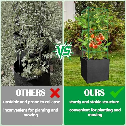 3 Packs 47 x 16 x 16 Inch Garden Tomato Cages with 17 Gallon Grow Bags- Square Plant Support Trellis Assembled with Planter Bags- Garden Cucumber Vegetables Frames for Vertical Climbing Plants
