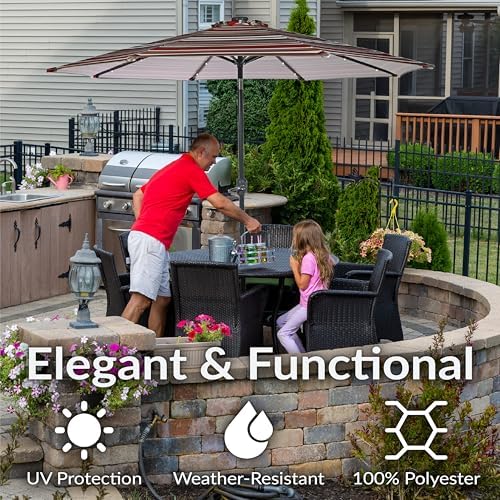 Sunnydaze 9-Foot Outdoor Patio Umbrella with Solar Lights, Awning Stripe