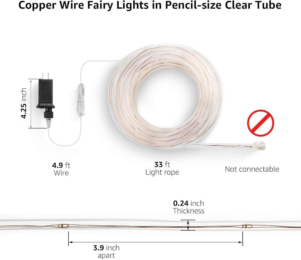 Lighting EVER 33ft Thin Rope Lights Outdoor Waterproof, 6000K Cool White | 1/4" Pencil-Thin Clear Tube, 100 LED Copper Wire Lights, Plug-in Outdoor Decor for Railing Fence Balcony, Not Connectable