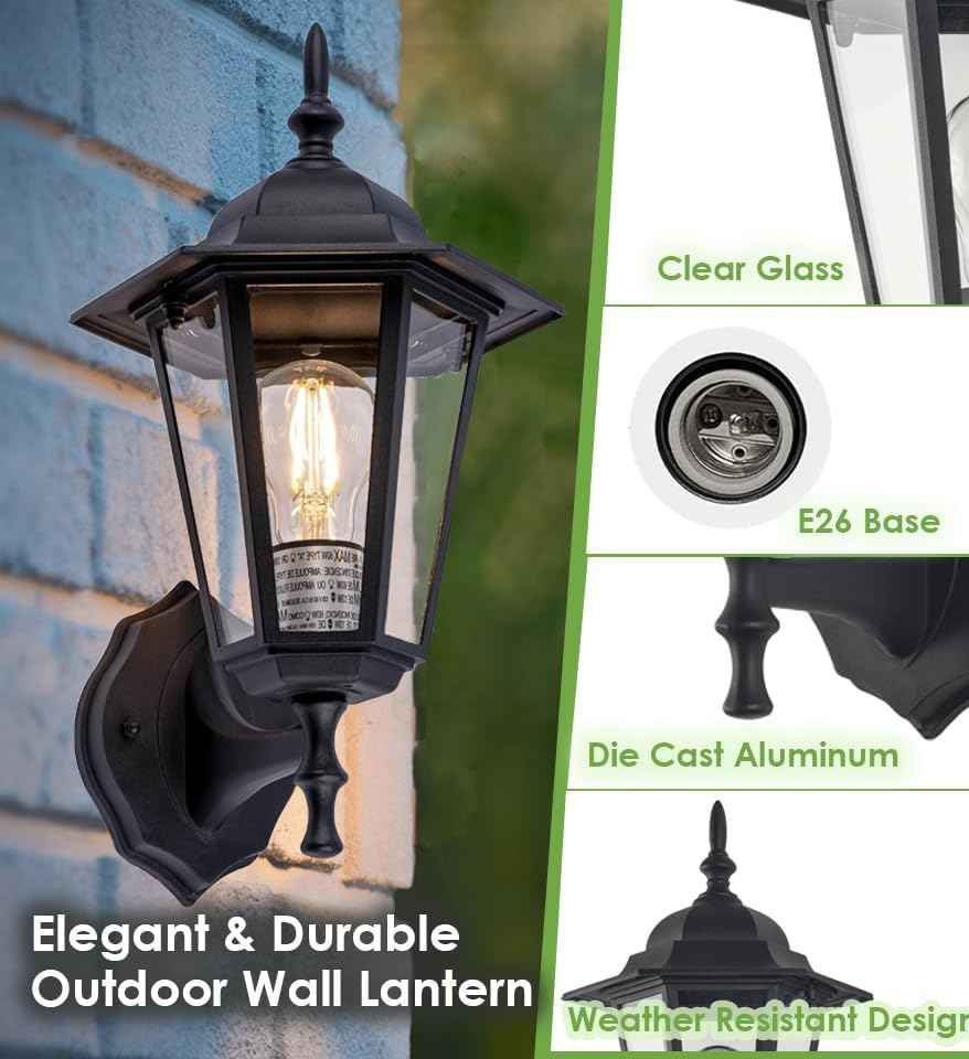 GRUENLICH Outdoor Wall Light Fixture, Antirust Aluminum Glass, Black 1 Pack | Exterior Porch Light Wall Sconce Lantern for House Patio Garage, Waterproof Rustproof, E26 Socket 60W Max