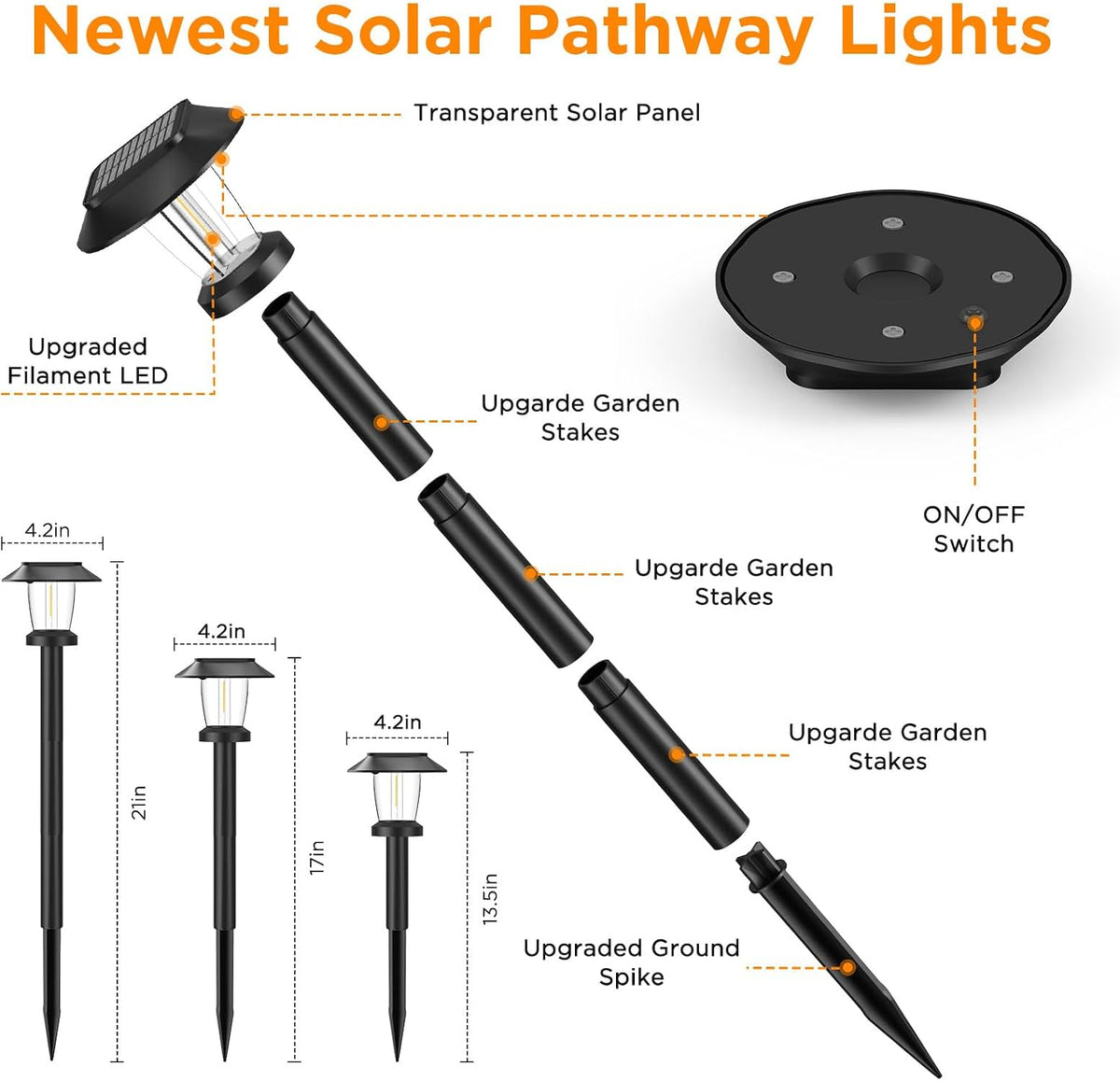 Solar Pathway Lights Outdoor, 8 Pack Warm White Tungsten Filament Solar Lights, 3 Lighting Modes, Auto On/Off, IP65 Waterproof, Dusk to Dawn Solar Garden Lights for Yard, Driveway, Lawn & Landscape