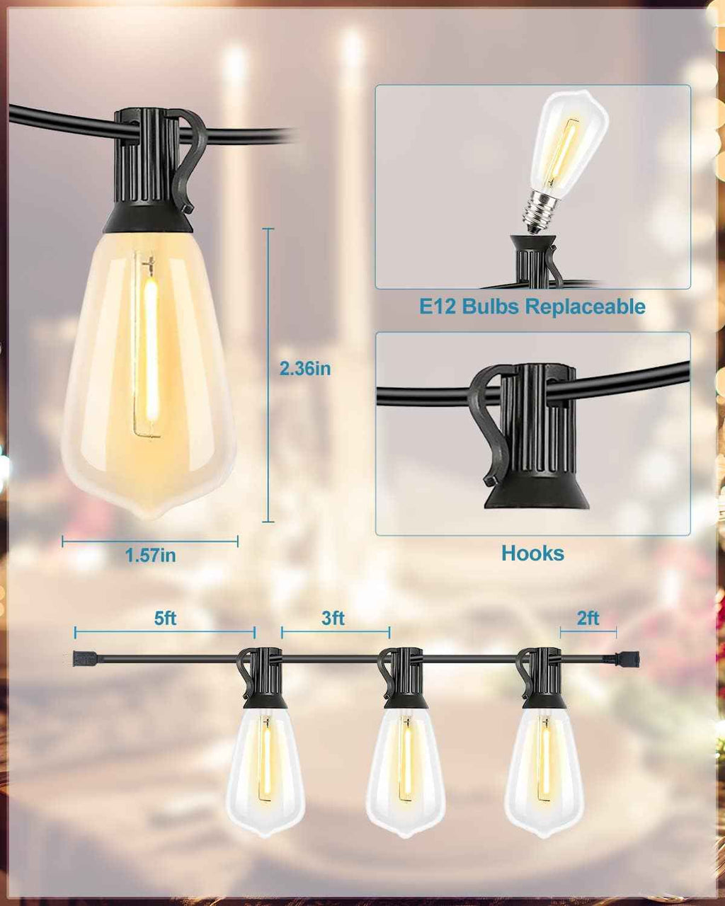Lightdot LED Outdoor String Lights 400FT Patio Lights with 128 Shatterproof ST38 Vintage Edison Bulbs, Outside Hanging Light Waterproof for Porch, Deck, Garden, Backyard, Balcony, Dimmable