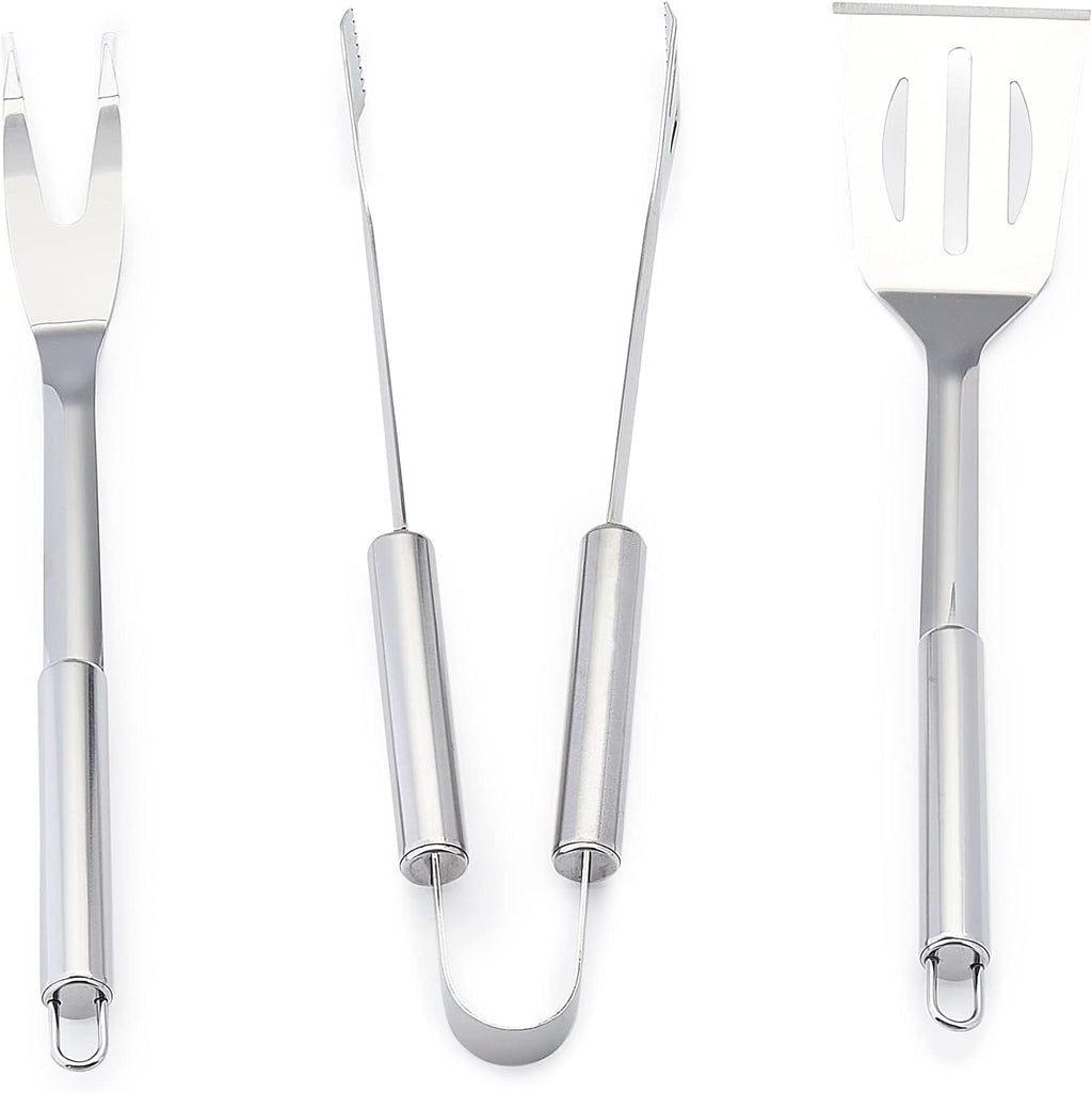 Amazon Basics 4-Piece Stainless Steel BBQ Grilling Tool Set with Carry Bag, Rust-Resistant, Dishwasher Safe