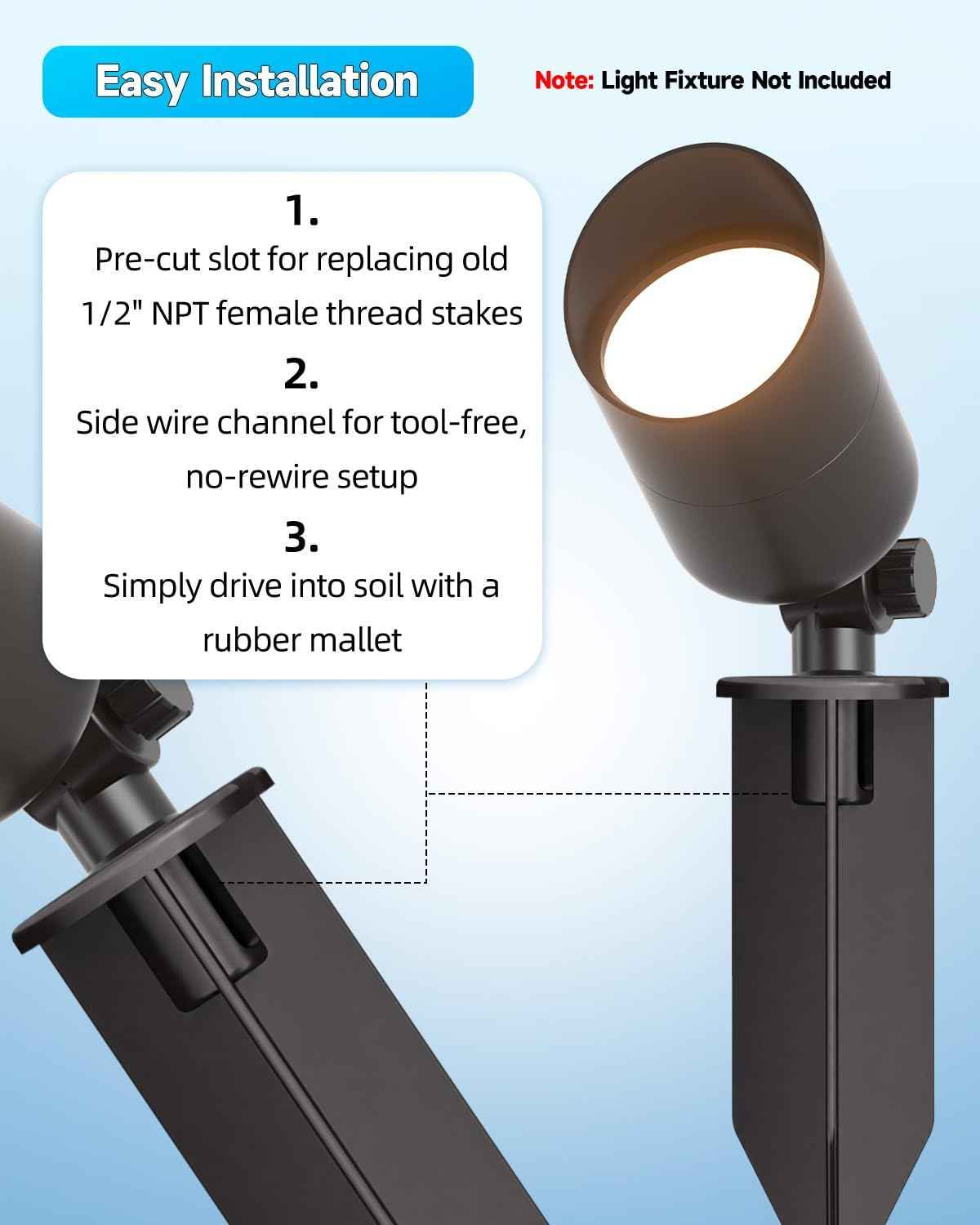 Landscape Lighting Stakes Replacement 1/2 NPT Thread Spike 4-Pack | ABS Female Thread, Fits for Kichler Light Stakes, 3" Large Head, 8" in-Ground Landscape Lighting Parts, Side Wire Way
