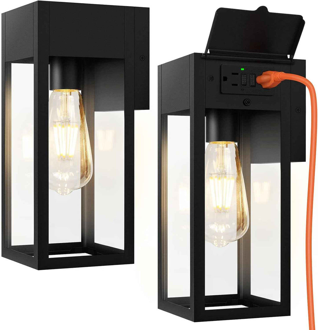 Porch Lights with GFCI Outlet, Outdoor Wall Light Fixtures 2-Pack | Anti-Rust, Waterproof, Tempered Glass, Easy Installation, E26 Socket, Exterior Lighting Sconces for House Garage, Black