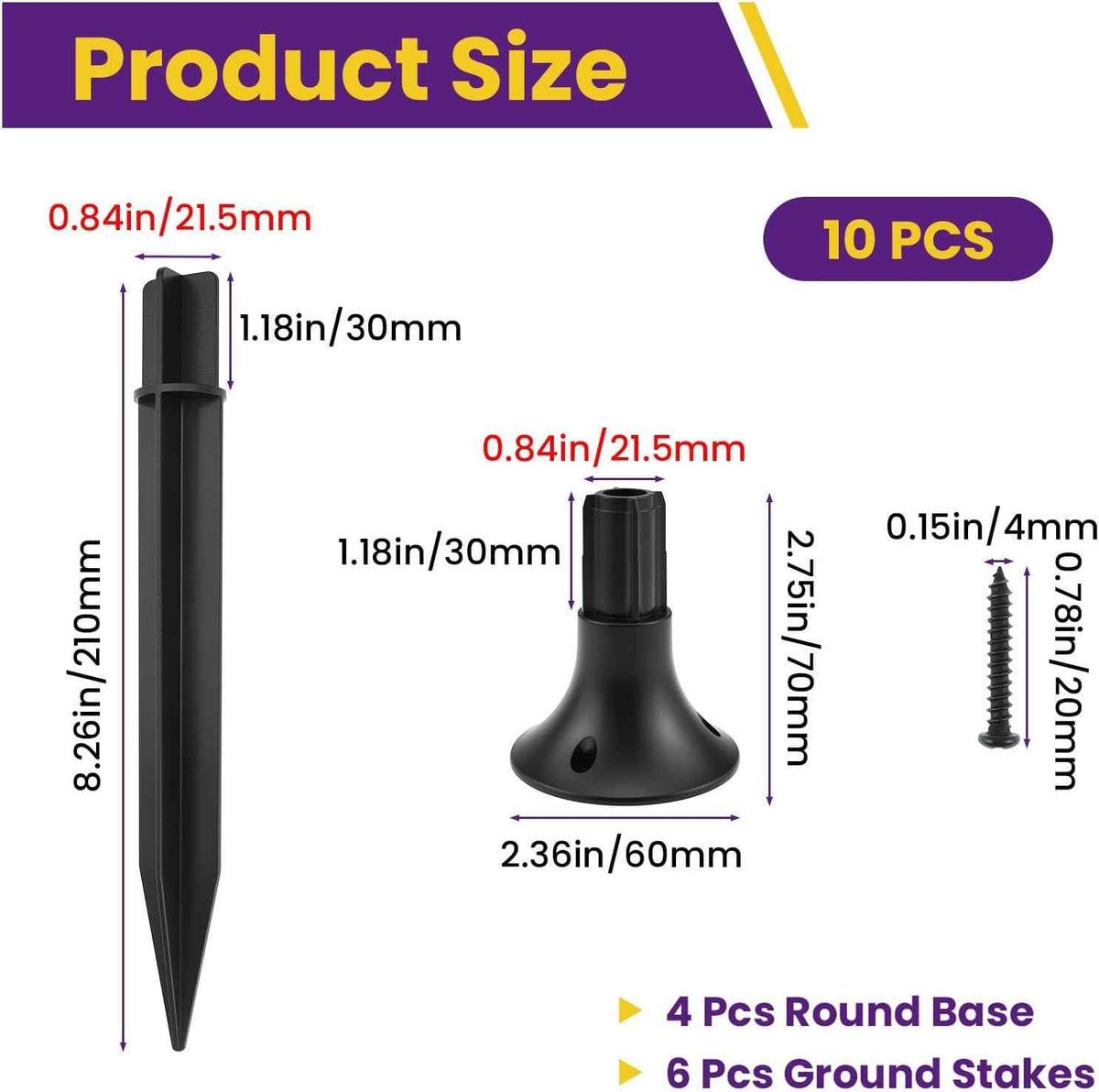 10 Pcs Solar Light Stakes Kit, ABS Plastic Ground Spikes Replacement | Reinforced Ground Stakes & Round Bases, Fit 0.83" ID Round Pole, for Solar Pathway Lights Garden Lights Torch Lights