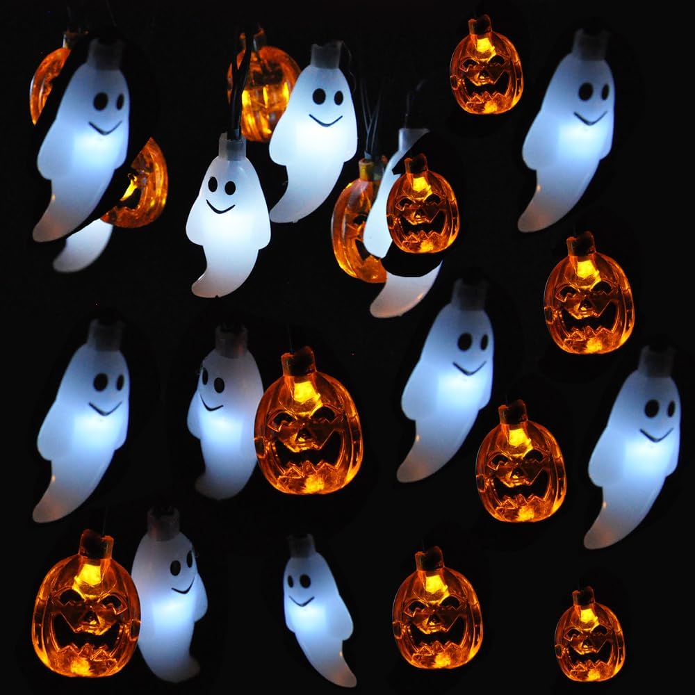 JOYIN Halloween String Lights Decorations, 19.7FT 30 LED Battery Operated Ghost Pumpkin 3D String Light with 8 Lighting Modes for Home Indoor Outdoor Halloween Party Decor(Orange/White Color)