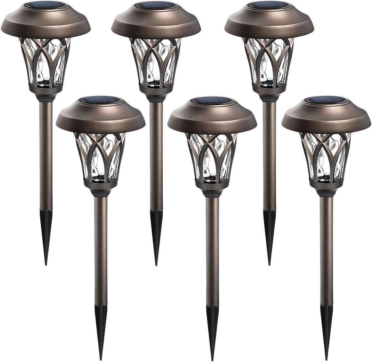 GIGALUMI Solar Pathway Lights Outdoor, Metal Glass & ABS Landscape Lights | 6 Pack Warm White Solar Powered Garden Lights Waterproof IP65, Outdoor Decor for Yard Patio Walkway Driveway (Brown)
