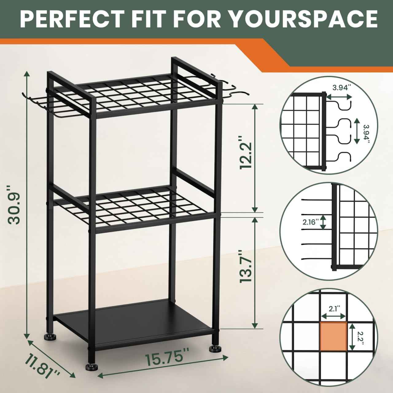 SPACECARE Garden Tool Organizer with Feet Up to 35 Long-Handled Tools Black | Yard Tower Rack for Garage Organization and Storage, Heavy Duty Steel Garden Tool Stand for Shed, Outdoor (Rakes/Brooms)