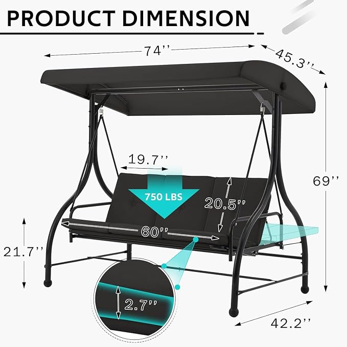 U-MAX Porch Swing with Cover, Patio Swing with Adjustable Backrest&Canopy 3 - Image 3
