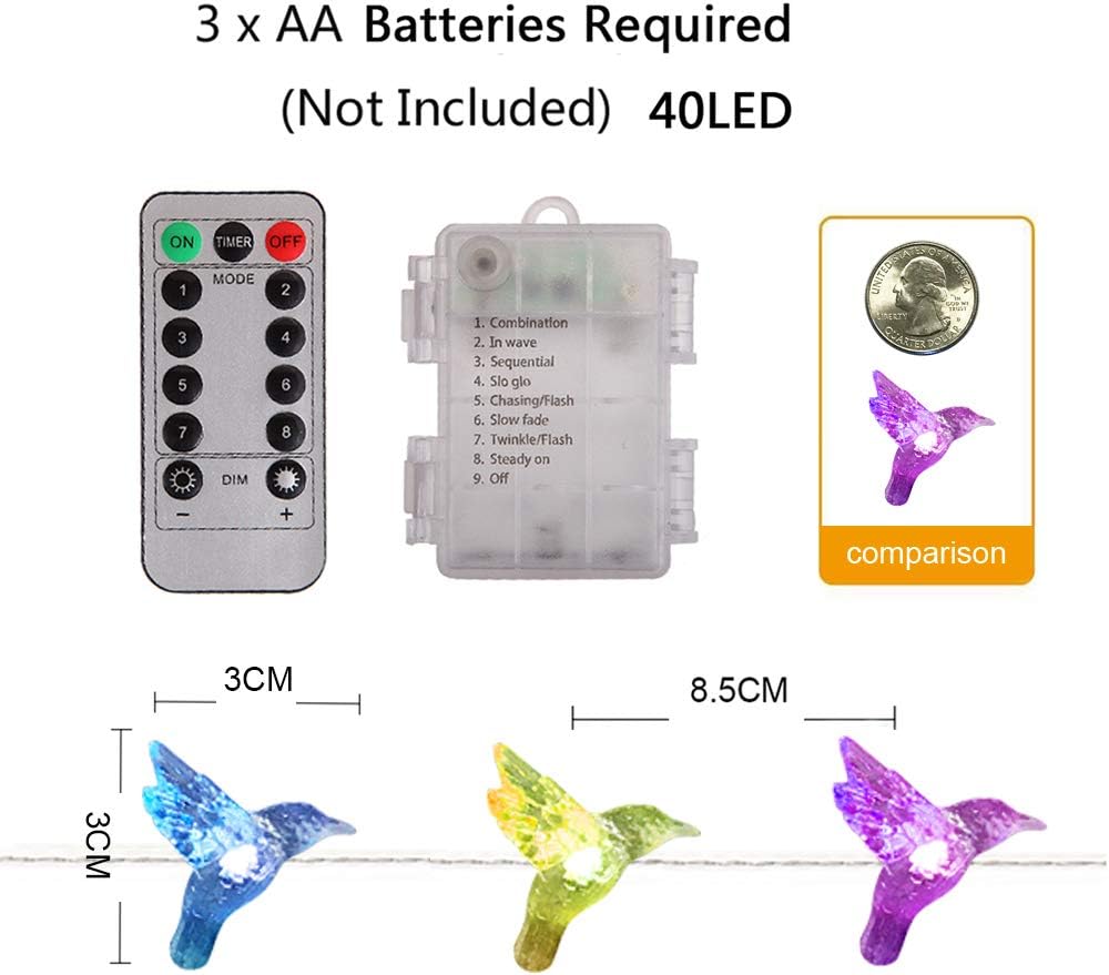 WSgift Hummingbird Decorative String Lights, 13.85 Ft 40 Cool White LED Weatherproof Battery Operated 8 Modes Spring Fairy Lights for Holiday Parties Bedrooms Weddings Gardens with Remote and Timer