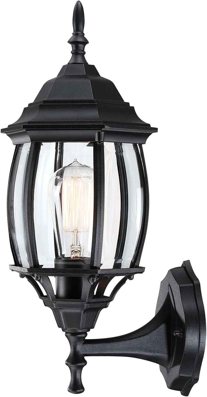 16.8 Inch Outdoor Porch Light - Black Outside Light for House, Metal and Glass Exterior Wall Sconce, Waterproof Wall Mount Outdoor Lantern for Garage,Front Door,Balcony,E26 Base