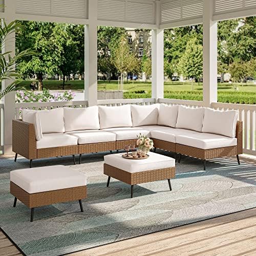 LAUSAINT HOME Outdoor Patio Furniture, 8 Piece Outdoor Sectional Sofa PE Rattan Wicker Patio Conversation Sets,All Weather Patio Furniture Set with Thick Cushions for Garden, Poolside, Backyard(Beige)