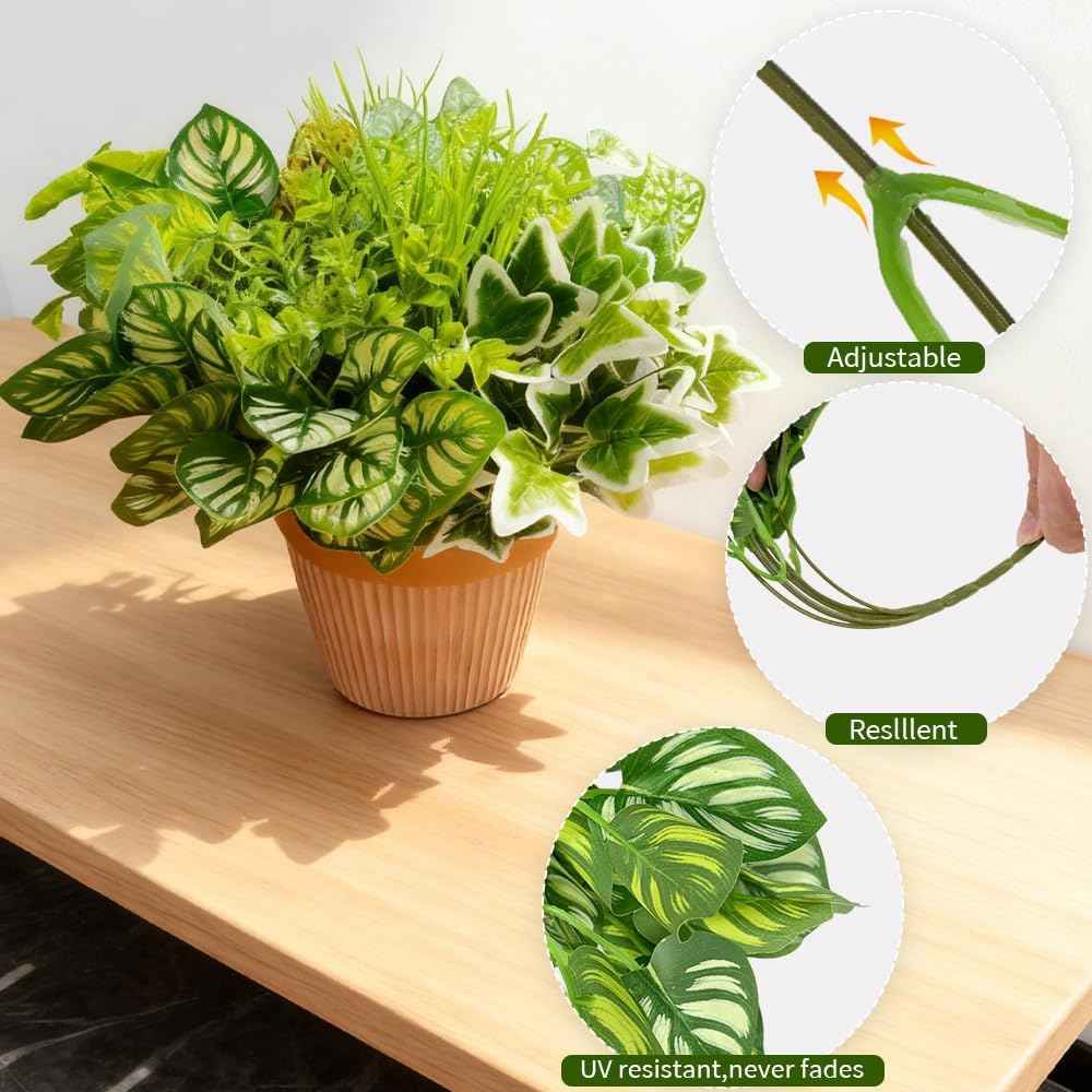 Artificial Plants Outdoor Greenery Fake Plants, 10 Bundles | Large Bunches Faux Plants with Stems and Plastic Leaves, Outdoor Bushes for Patio Front Porch Yard Garden Decor)