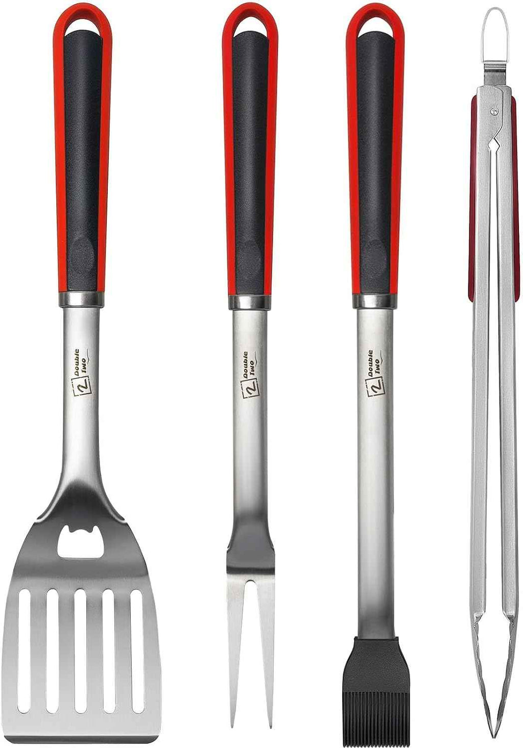Double Two 4-Piece Stainless Steel BBQ Tool Set - Tong, Fork, Spatula, Brush - Utensils for Grill - Tools for Outdoor Grilling- BBQ Kits