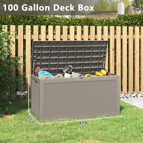 100 Gal Outdoor Storage Box Waterproof Lockable,Deck Box,Gas Lift,Grey