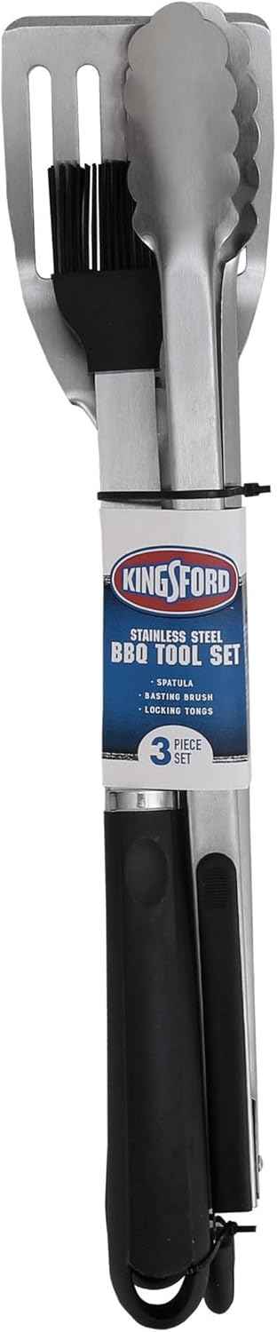 Kingsford 3-Piece Rust-Resistant Stainless Steel BBQ Tool Set, 3 Count | Rust-resistant stainless steel, spatula tongs and basting brush, outdoor grilling and cooking
