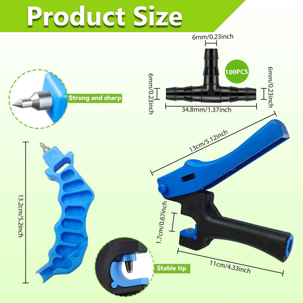 Drip Irrigation Hole Punch Tool, Pipe Cutter, Hole Punch, 100T Connectors | This 2-in-1 punching and cutting tool set comes with 100 T-fittings and is suitable for 16/20/25-millimeter PE pipes.