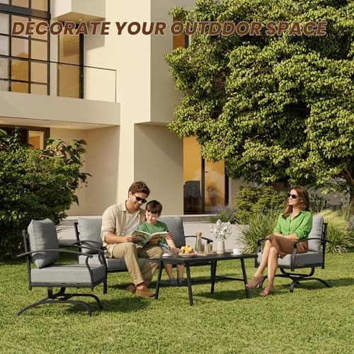 ALAULM 4 Piece Patio Furniture Set,Outdoor Metal Patio Furniture with Coffee Table & Rocking Chairs Conversation Set for Porch,Backyard,Poolside, Garden-Grey