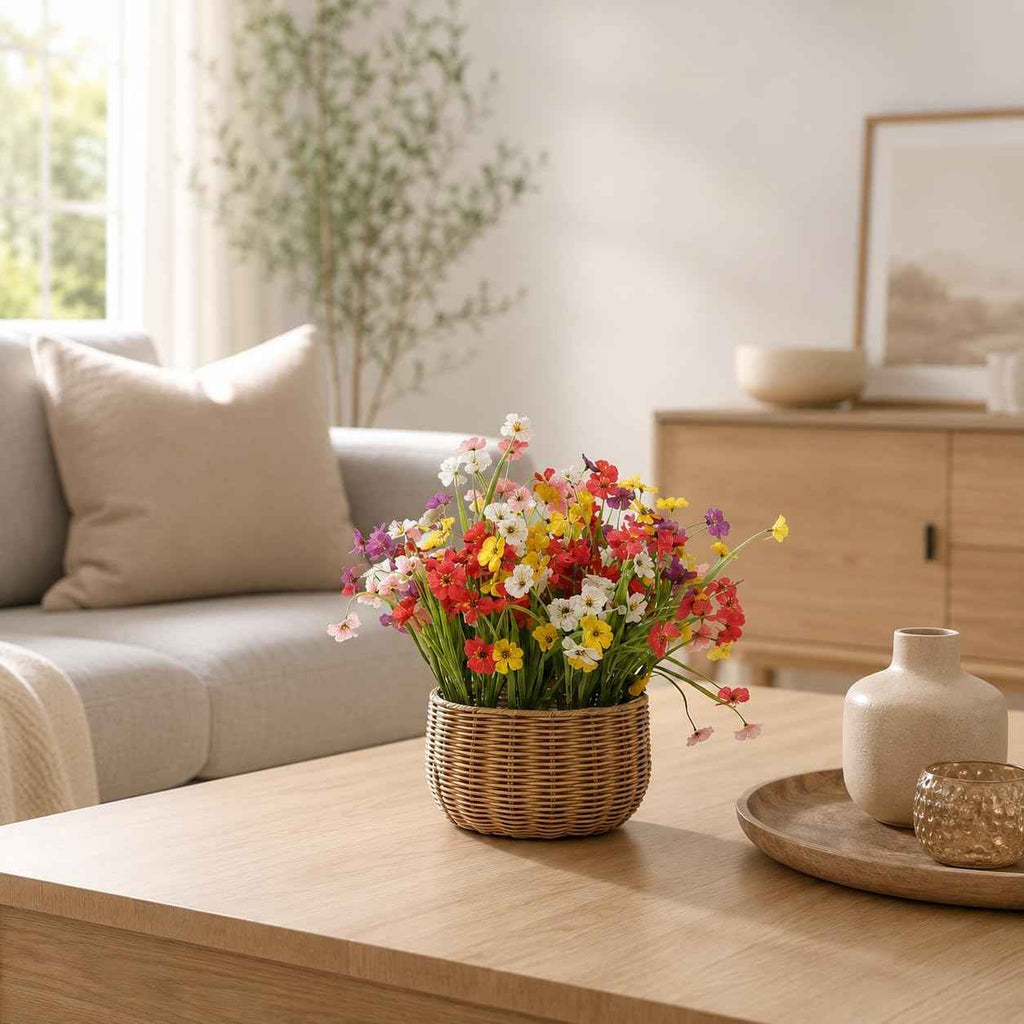 Artificial Flowers & Monkey Grass - 24 Pcs, Faux Floral Greenery 6 Colors | Flexible Stems for Easy Arrangement, Ideal for Planters, Porches, Patios & Farmhouse Decor. Pot & Window Box Not Included