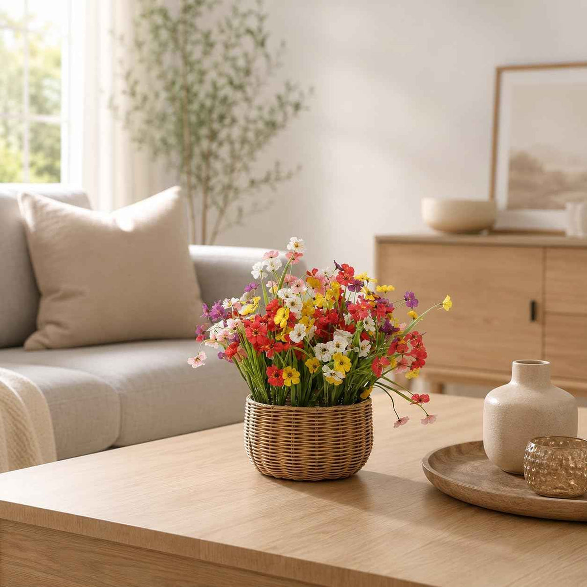 Artificial Flowers & Monkey Grass - 24 Pcs, Faux Floral Greenery 6 Colors | Flexible Stems for Easy Arrangement, Ideal for Planters, Porches, Patios & Farmhouse Decor. Pot & Window Box Not Included