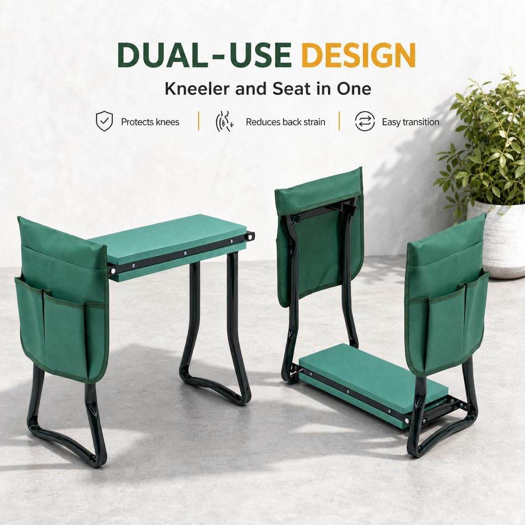 Garden Kneeler and Seat, Foldable Kneeling Stool with Thicker EVA Foam Pad, Heavy Duty Bench with Tool Pouch, Gifts for Outdoor Gardening, Fishing, Green, Arbor Day Gift