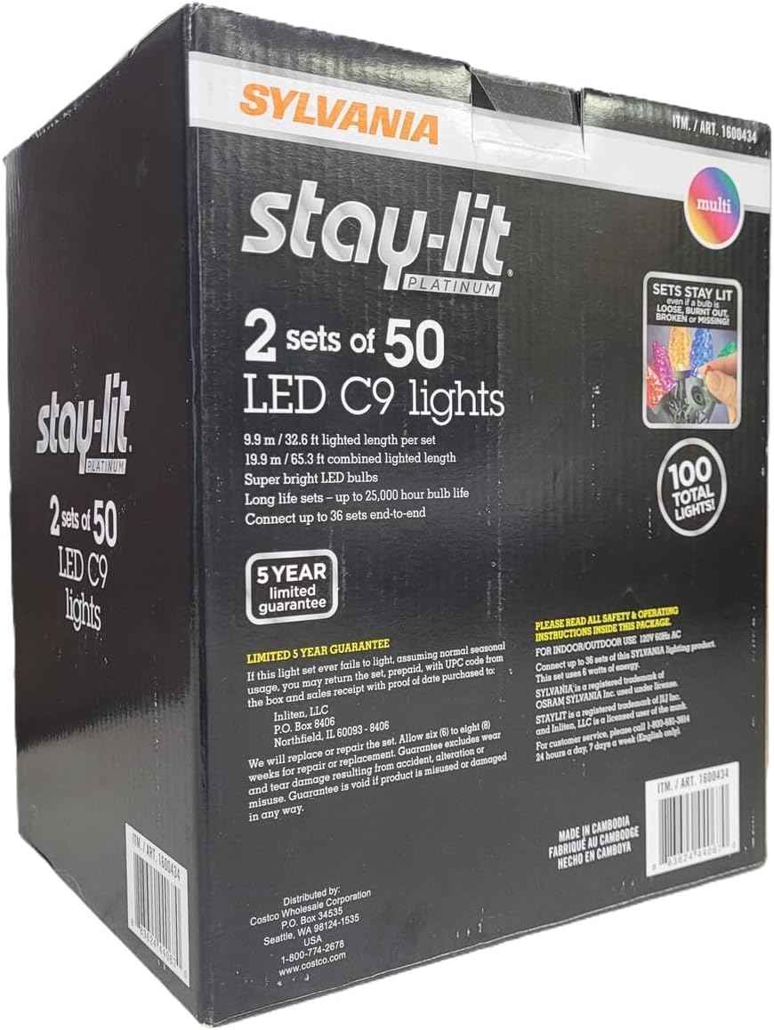 SYLVANIA Stay-Lit Platinum Strings Christmas Lights - LED C9 Multi Color Lights - (2 Strings of 50 Lights)