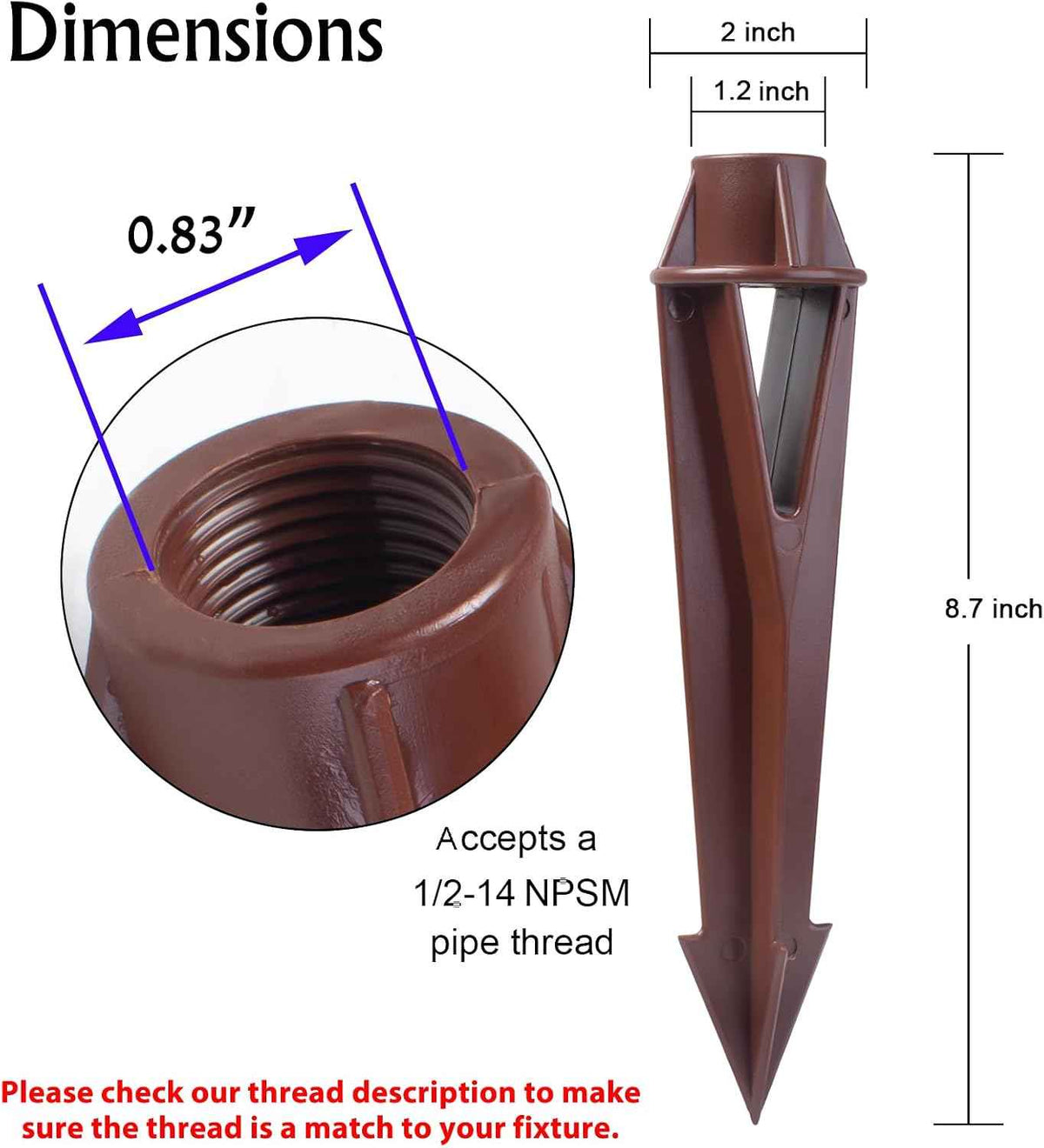 Ground Spike Stake Replacement for Low Voltage Landscape Lighting Spot Path Flood Lights with 1/2-14 NPT Thread, High-Impact ABS Construction