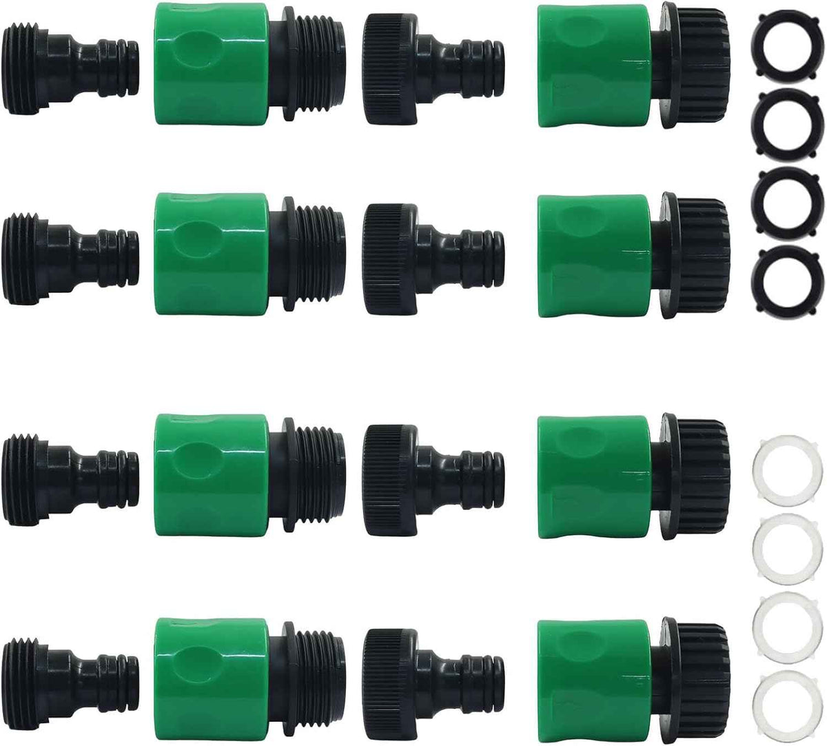 16 PCS Plastic Garden Hose Quick Connect Fittings, 3/4-Inch | Male and Female Fitting, Hose End Adapters, For Watering Systems, Sprinklers, and Drip Irrigation, Set of 4