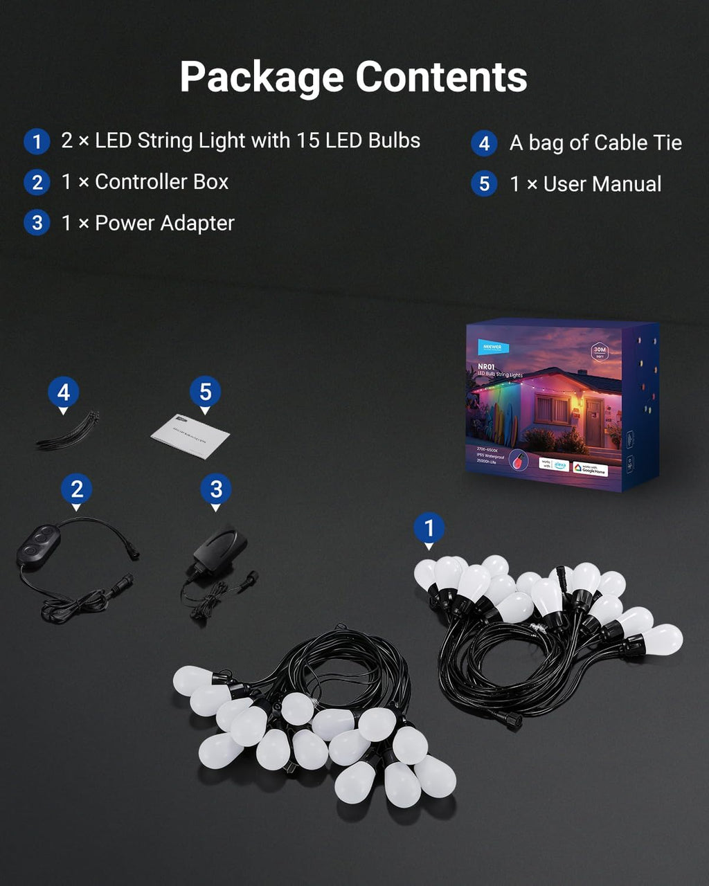 NEEWER 96ft Outdoor String Lights, App Control Smart AI RGB IC W Hanging Outside Warm White Patio Balcony Backyard Lighting, IP65 Waterproof, 30 LED Bulbs,50+ Scenes, Compatible with Alexa Google,NR01