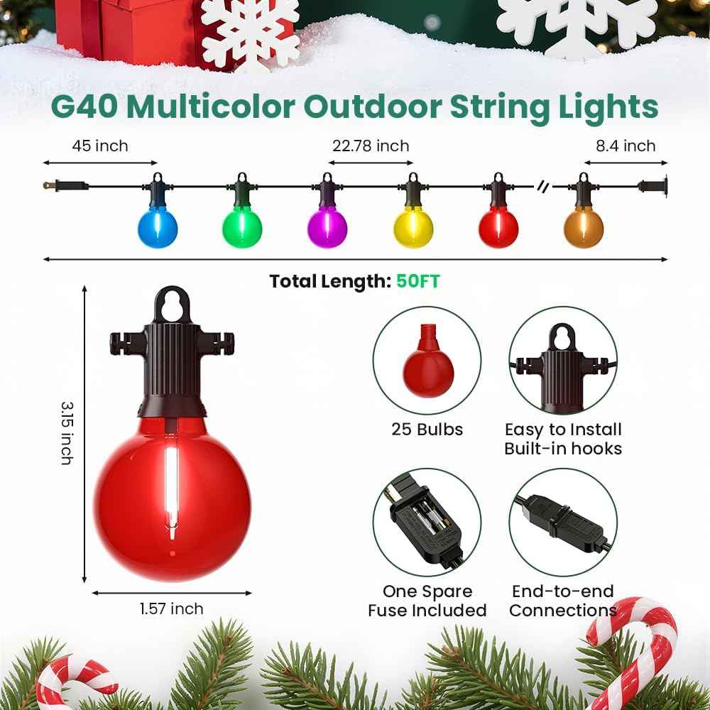FOOMAN 50FT Christmas Outdoor String Lights, Colored Patio Lights | Waterproof IP65 Shatterproof Dimmable with 25 LED G40 Bulbs for Xmas Halloween Garden Backyard Yard Bistro Holiday