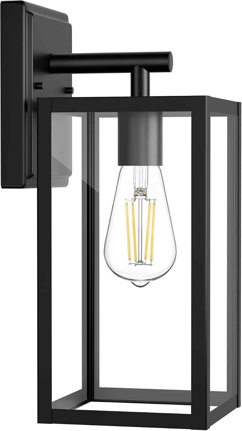 FOLKSMATE 13.46 inch Outdoor Wall Light Fixture Matte Black Waterproof | Large Outside Porch Lights, Durable Metal with Clear Glass Shade, E26 Socket, Exterior Wall Sconce Lanterns for House