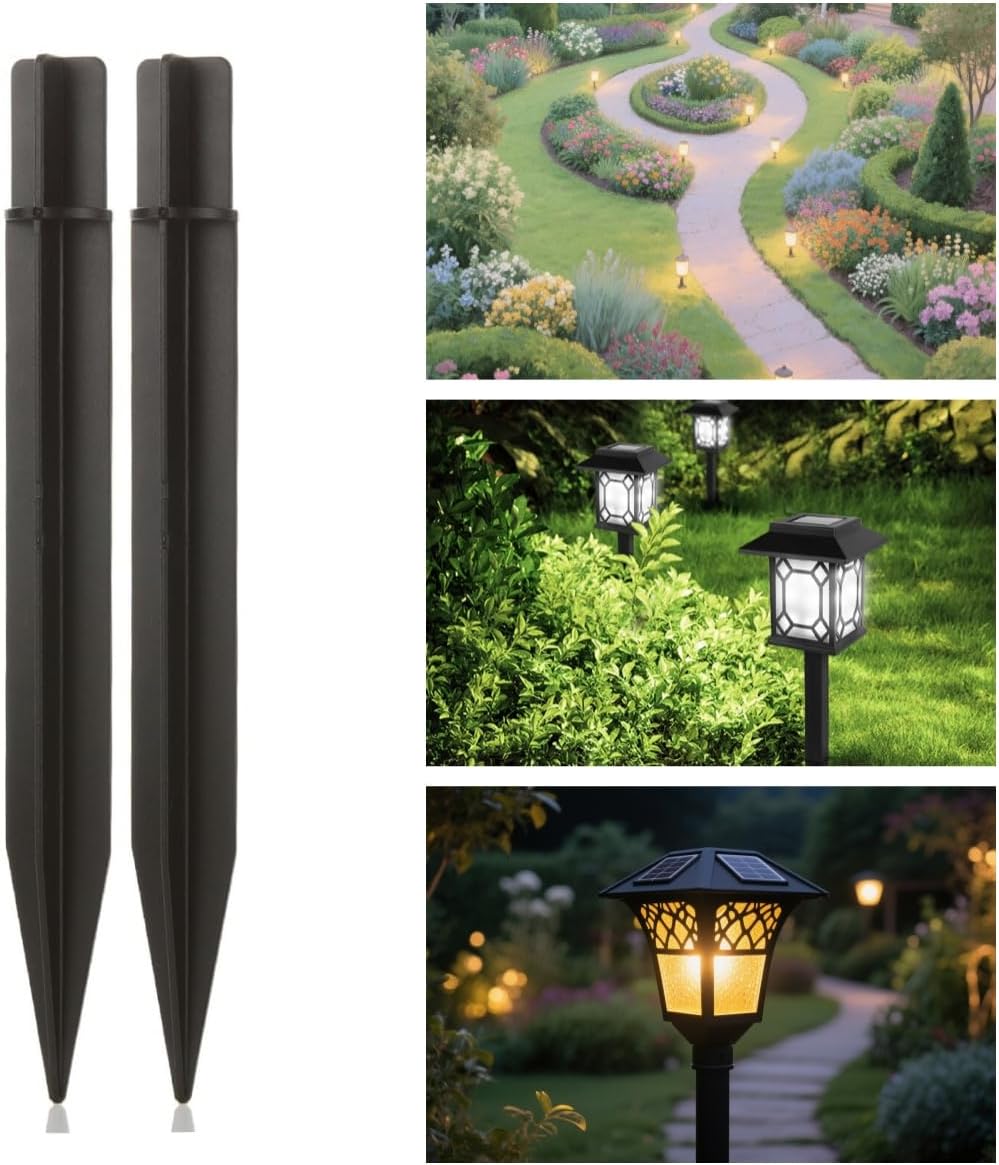 8.25" Reinforced ABS Plastic Solar Ground Spikes - Durable Solar Light Replacement Stakes for Garden, Pathway, Deck, Camping, Christmas Lights (Fits 0.83" Inside Diameter) (Black-2 Pack)