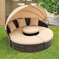Outdoor Patio Rattan Round Daybed with Retractable Canopy, Wicker Furniture Round Poolside Sofa Sunbed with Removable Cushions, Backyard, Porch, Beige Steel
