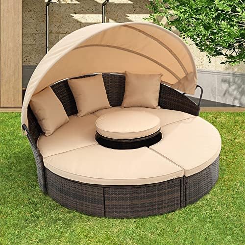 Outdoor Patio Rattan Round Daybed with Retractable Canopy, Wicker Furniture Round Poolside Sofa Sunbed with Removable Cushions, Backyard, Porch, Beige Steel