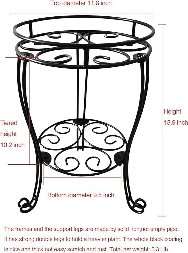 TREEZITEK 11.8 inches Diameter Tall Metal Plant Stand for Indoor or Outdoor,Heavy Duty Flower Pot Stand Rack Holds Big Heavy Plants,Black (18.9 INCHES TALL)