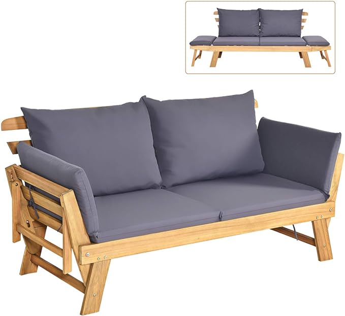 Tangkula Convertible Acacia Wood Patio Couch Sofa Bed by TANGKULA