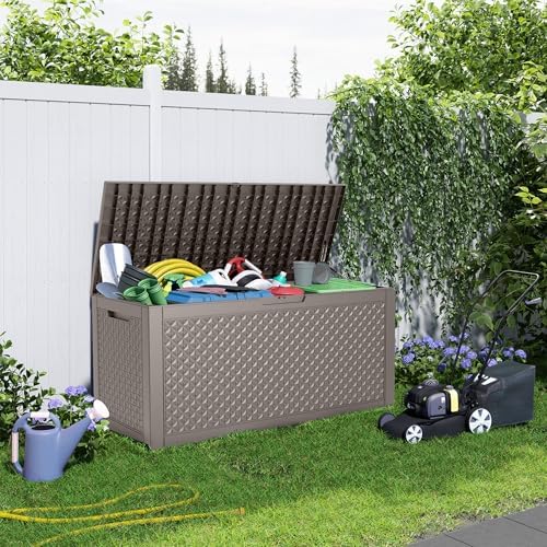 Resin Deck Box Outdoor Storage Box Waterproof for Patio Furniture,Outdoor Cushions,Garden Tools and Pool Supplies (Grey, 110 Gallon)