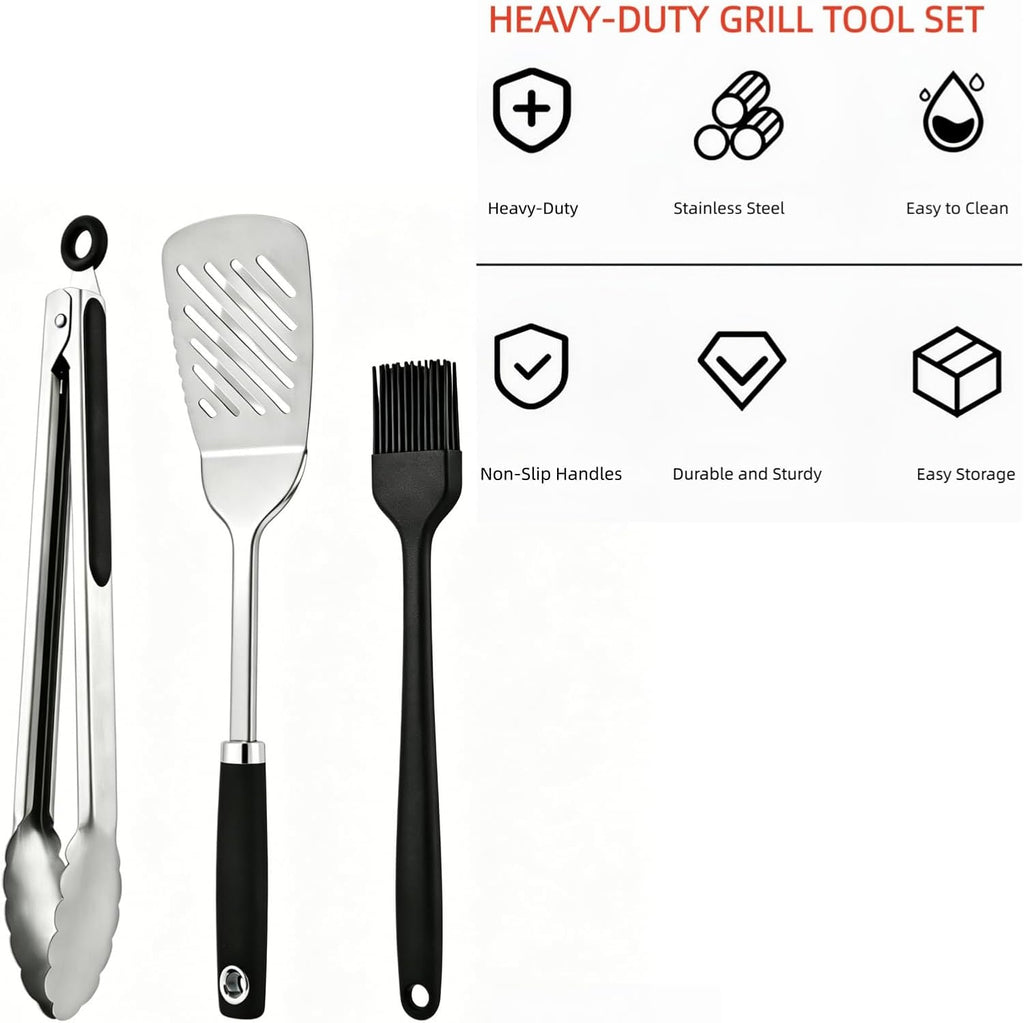 3-Piece Stainless Steel Grill Accessories, Heavy Duty Grill Tools Set, Dishwasher Safe