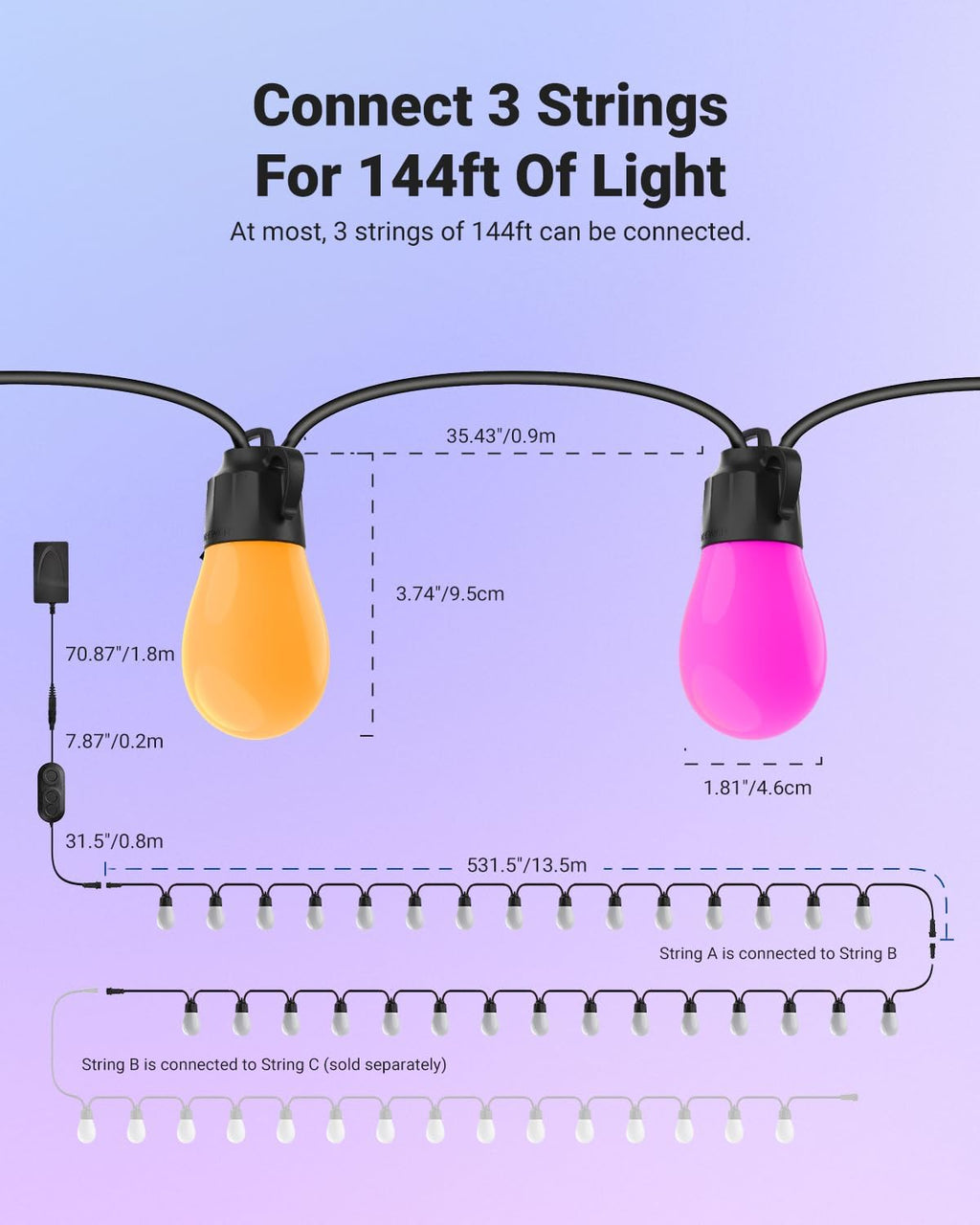 NEEWER 96ft Outdoor String Lights, App Control Smart AI RGB IC W Hanging Outside Warm White Patio Balcony Backyard Lighting, IP65 Waterproof, 30 LED Bulbs,50+ Scenes, Compatible with Alexa Google,NR01