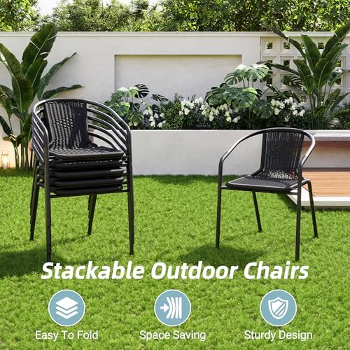 Amopatio Outdoor Dining Chairs Set of 6, Stackable Outdoor Patio Chairs, Rattan Patio Dining Chair, for Porch, Deck, Garden, Yard, Poolside, Bistro, Restaurant, Black