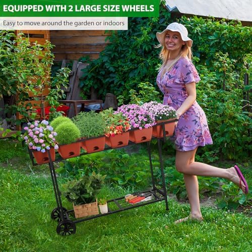 Vrisa Elevated Raised Garden Bed Outdoor with Legs 43x17x29 in Plastic Standing Planter Box with Storage Shelf and Wheels Vegetables Herbs Flowers Gardening Boxes for Backyard, Patio, Balcony, Black