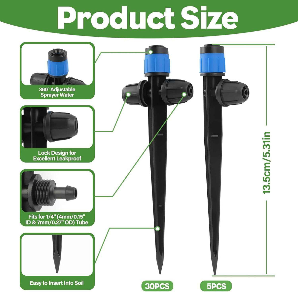 35PCS Double-Head Drip Irrigation Emitters Sprayers for 1/4" Tubing (Blue) | Barbed Drip Emitters for 4/7mm Tubing, Adjustable 360 Degree Vortex Water Flow Dripper with Lock for Garden Watering System