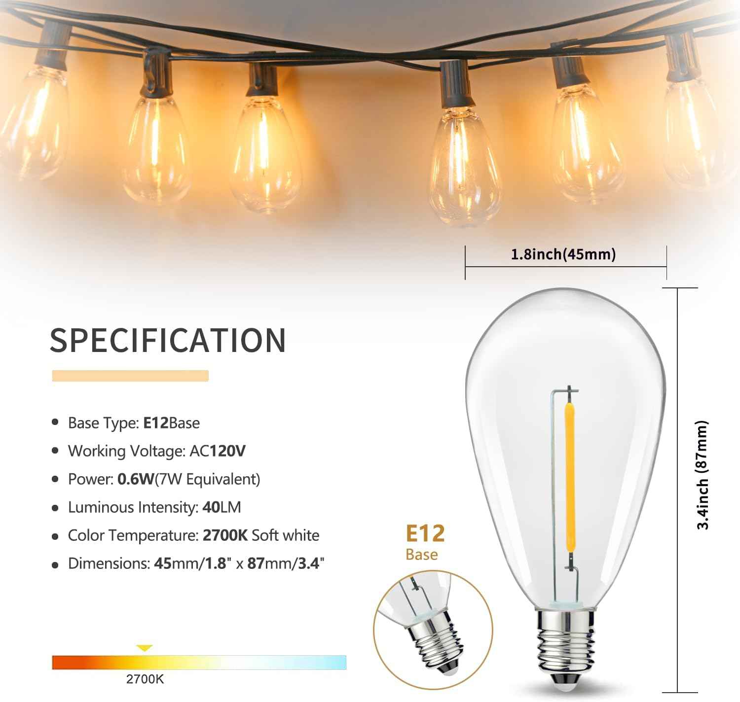 100FT S14 E12 Outdoor String Lights Waterproof Patio 24+1 (1 Spare) bulb | Outside Hanging Shatterproof S14 E12 LED Light Bulb for Parties Porch Garden Fences Backyard Outdoor Indoor