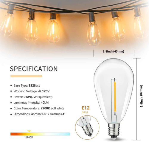 100FT S14 E12 Outdoor String Lights Waterproof Patio 24+1 (1 Spare) bulb | Outside Hanging Shatterproof S14 E12 LED Light Bulb for Parties Porch Garden Fences Backyard Outdoor Indoor